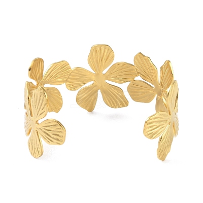 Flower 304 Stainless Steel Open Cuff Bangles for Women BJEW-M313-05G-1
