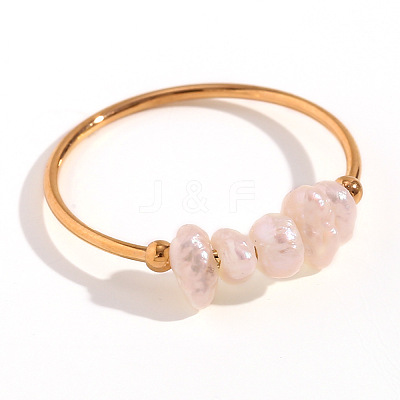 Nuggets Stainless Steel & Natural Freshwater Pearl Beads Finger Rings WG1BE4A-05-1