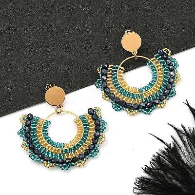 304 Stainless Steel & Bohemian Beaded Fan Dangle Stud Earrings for Women EJEW-R001-05G-01-1