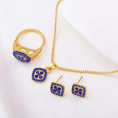 Rhombus Alloy Rhinestone Pendant Necklaces & Stud Earrings & Rings Sets FS-WGFED7A-04-1