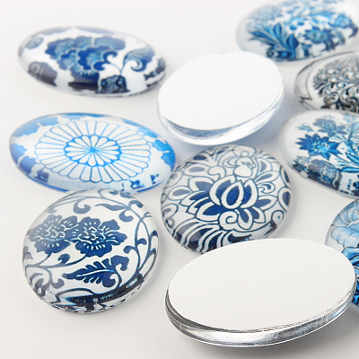 Blue and White Floral Theme Ornaments Glass Oval Flatback Cabochons GGLA-A003-13x18-YY-1