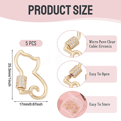 5Pcs Brass Micro Pave Clear Cubic Zirconia Screw Carabiner Lock Charms KK-TA0003-18-1