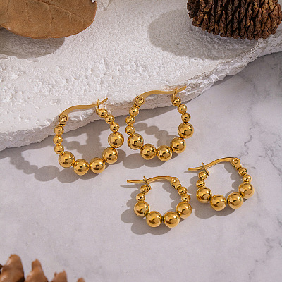 304 Stainless Steel Round Beaded Hoop Earrings for Women SN2323-3-1