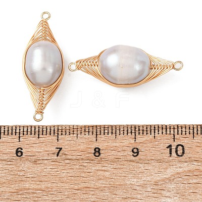 Copper Herringbone Wire-Wrapped Natural Pearl Round Links Connector Charms KK-Z152-02G-02-1