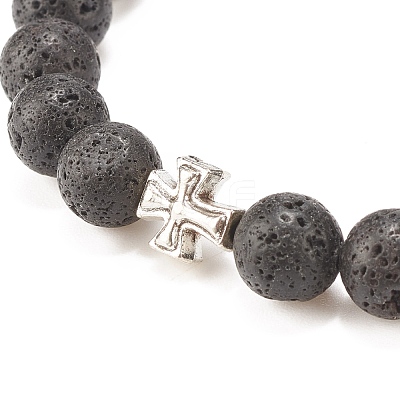 Natural Lava Rock Stretch Bracelet with Alloy Cross BJEW-JB08192-04-1