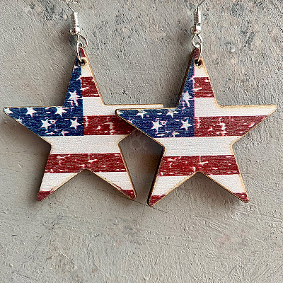 Flag Color Star Wood Dangle Earrings GUQI-PW0001-162B-1