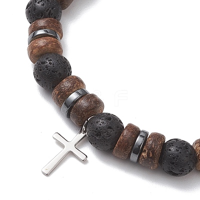 Adjustable Natural Coconut & Lava Rock Beads Stretch Bracelets BJEW-JB13285-01-1