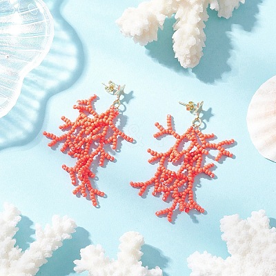 Star with Coral Handmade Glass Seed Beads Tassel Stud Earrings EJEW-MZ00472-1