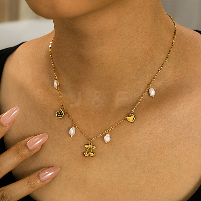 304 Stainless Steel & Imitation Pearl Cherry Heart Flower Pendant Bib Necklaces for Women FS-WG0B26B-01-1