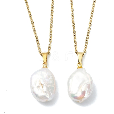 Natural Baroque Keshi Pearl Oval Pendant 304 Stainless Steel Cable Chain Necklaces NJEW-JN06135-1