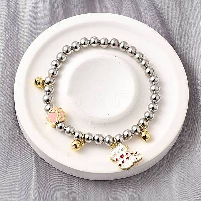 Brass Enamel Round Beads Charm Bracelets for Women BJEW-D317-11C-PG-1