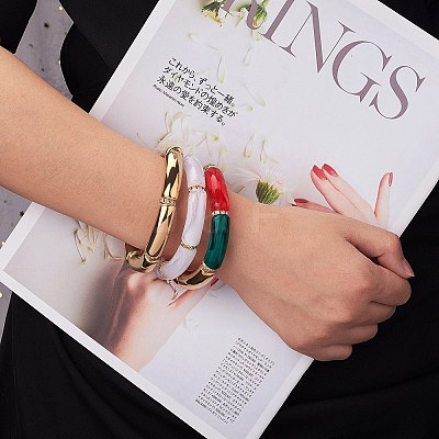 5Pcs 5 Colors Acrylic Curved Tube Stretch Bracelets Set BJEW-SW00069-1