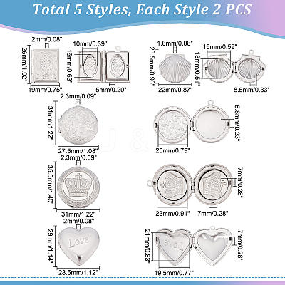 10Pcs 5 Style 304 Stainless Steel Diffuser Locket Pendants STAS-DC0007-57-1