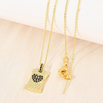 Brass Micro Pave Cubic Zirconia Rectangle with Heart Pendant Adjustable Slider Necklaces KK-CBA4547-08G-1