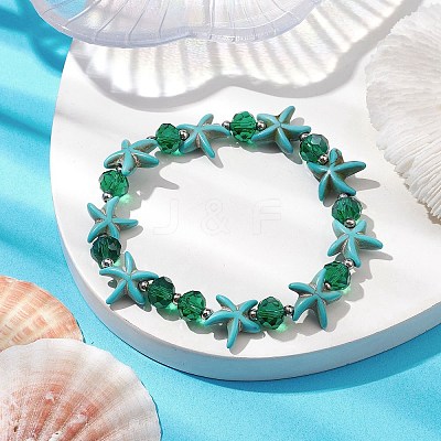 Summer Beach  Starfish Dyed Synthetic Turquoise & Faceted Glass Beaded Stretch Bracelets for Women Men BJEW-JB10454-02-1