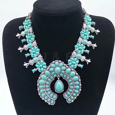 Alloy & Synthetic Turquoise Boho Flower Squash Bib Necklaces for Women FS-WGADD2A-01-1