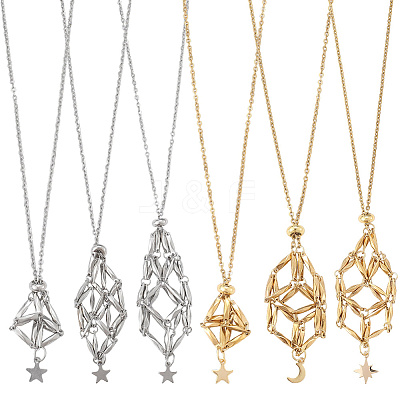 6Pcs 6 Styles Star Moon Stainless Steel Braided Chain Macrame Pouch Empty Stone Holder Pendant Necklace Making NJEW-SC0001-44-1