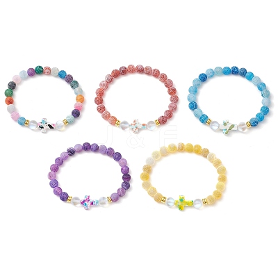 5Pcs Synthetic Moonstone & Frosted Natural Weathered Agate Beads Stretch Bracelets for Women BJEW-JB11333-1