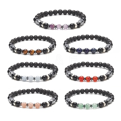7Pcs 7 Style Natural & Synthetic Mixed Gemstone & Alloy Beaded Stretch Bracelets Set for Women BJEW-JB09235-1