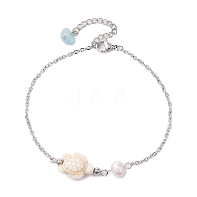 Synthetic Turquoise & Natural Freshwater Pearl Link Anklets AJEW-AN00628-04-1