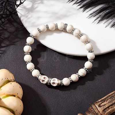Halloween Brass Crystal Rhinestone & Dyed Synthetic Turquoise Skull & Round Beaded Stretch Bracelets for Men Women BJEW-JB12254-02-1