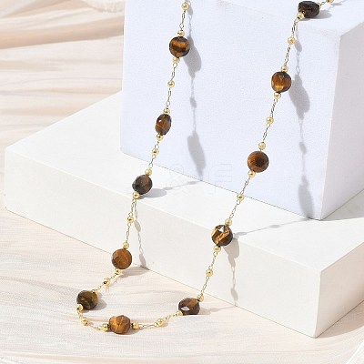 Natural Tiger Eye Faceted Flat Round Beaded Chain Necklaces with Matte Brass Beads GG-CBA37F5-01G-04-1