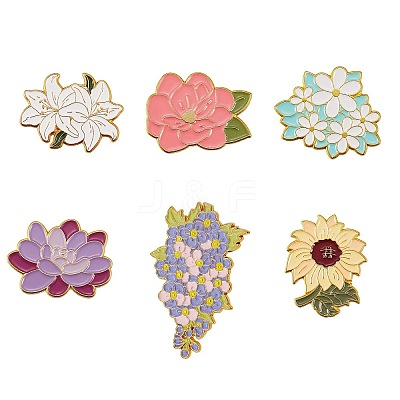 6Pcs 6 Style Flower Enamel Pins JEWB-SZ0001-61-1