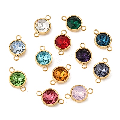 12Pcs 12 Colors 304 Stainless Steel with Faceted K9 Glass Birth Stone Flat Round Links Connector Charms STAS-F139-042G-A-1