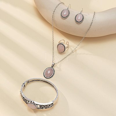 Oval Alloy with Natural Rose Quartz Pendant Necklaces & Dangle Earrings & Cuff Ring & Bangles Sets WG03D09-02-1