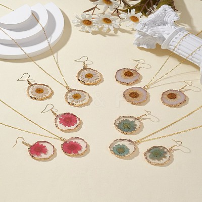 Inner Dried Flower Resin Dangle Earring & Pendant Necklaces Sets SJEW-FS00005-1