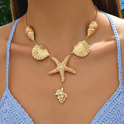 Summer Beach Alloy Crystal Rhinestone Shell Shape Starfish Pendant Necklaces for Women FS-WGE00B6-01-1