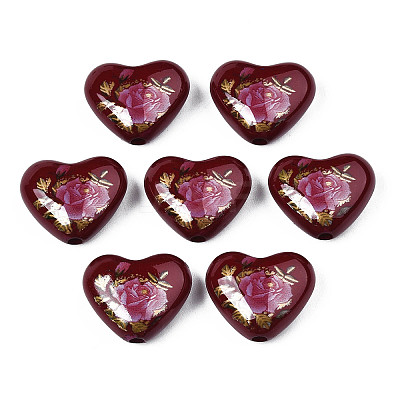 Flower Printed Opaque Acrylic Heart Beads SACR-S305-28-L04-1