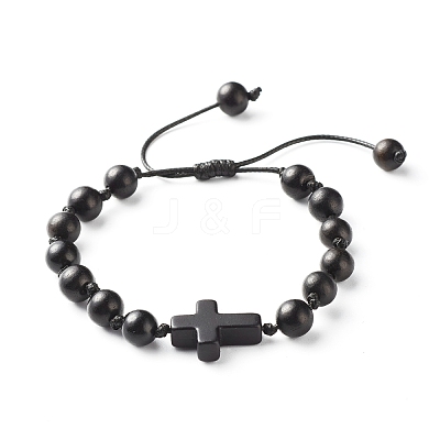 Round Natural Wood Beaded Bracelet for Men Women BJEW-JB06904-1