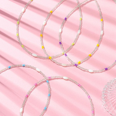 Rice Natural Shell and Round Glass Seed Beaded Necklaces for Women NJEW-MZ00153-1