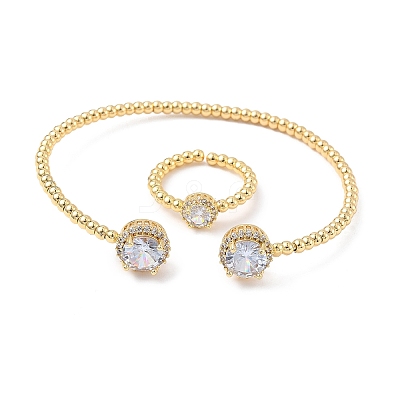 Round Brass Micro Pave Cubic Zirconia Cuff Bangles & Rings Sets for Women SJEW-R002-01G-02-1
