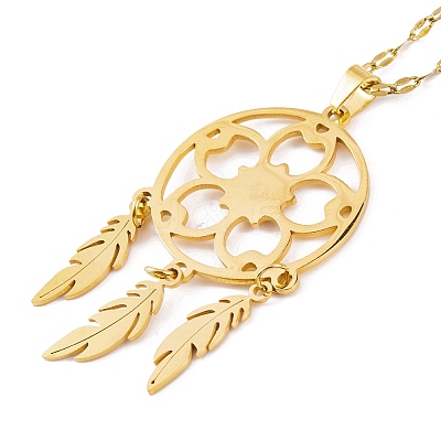 Woven Net/Web with Feather 201 Stainless Steel Boho Pendant Necklaces for Women NJEW-G087-04G-1
