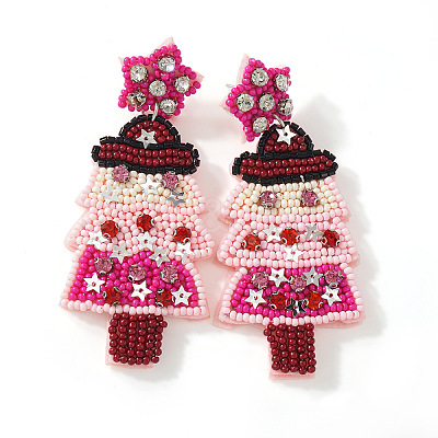 Christmas Tree with Star Handmade Glass Seed Beads Dangle Stud Earrings HU0349-6-1