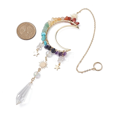 Wire Wrapped Chakra Natural & Synthetic Gemstone Chip Moon Hanging Ornaments HJEW-JM02129-1