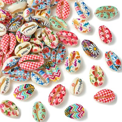 60Pcs 12 Styles Printed Natural Shell Beads BSHE-CJ0001-10-1
