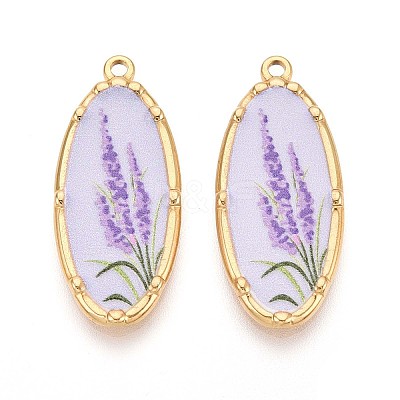 Printed Style 304 Stainless Steel Oval with Flower Pattern Pendants STAS-T071-27E-G-1