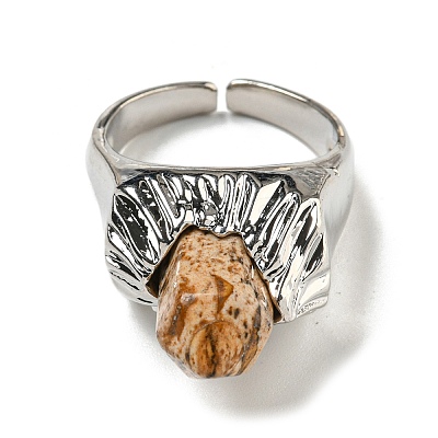 Hexagonal Prism Natural Picture Jasper Open Cuff Rings RJEW-B106-01P-08-1