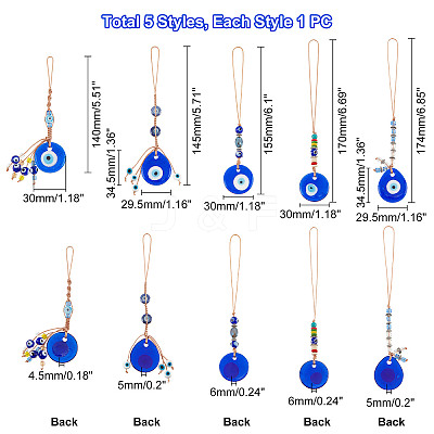 5Pcs 5 Style Handmade Glass Evil Eye Pendant Decorations HJEW-PH0001-47-1