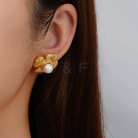 Classic Stainless Steel Imitation Pearl Flower Stud Earrings GL7726-1