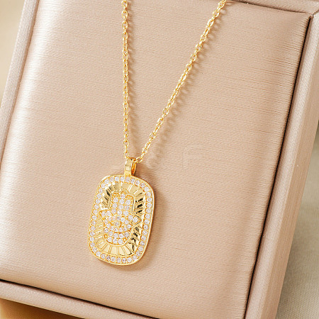 Fashionable Brass Crystal Rhinestone Rectangle Hamsa Hand Pendant Necklaces GR7857-1-1