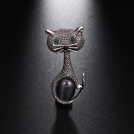 Cat Shape Rhinestone with Opalite Brooch Pin PW-WG9719E-01-1