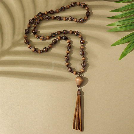 Bohemian Style Alloy with Wood Round Beaded Teardrop Tassel Mala Necklaces FS-WGF1DE6-01-1