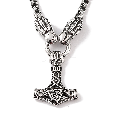 304 Stainless Steel Dragon Head King Box Chain Viking Mjolnir Thor Hammer Pendant Necklaces for Men NJEW-K278-15AS-1