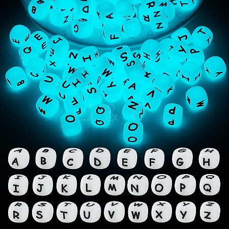 104 Pcs Luminous Cube Silicone Beads Letter Square Dice Alphabet Beads with 2mm Hole Spacer Loose Letter Beads for Bracelet Necklace Jewelry Making JX439A-1
