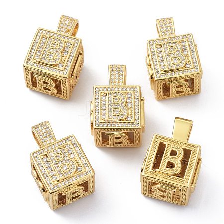 Alphabet Brass Micro Pave Clear Cubic Zirconia Pendants ZIRC-O045-01G-B-1