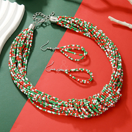 Christmas Glass Seed Beaded Multilayer Necklaces & Teardrop Dangle Earrings Sets WG44FFB-03-1